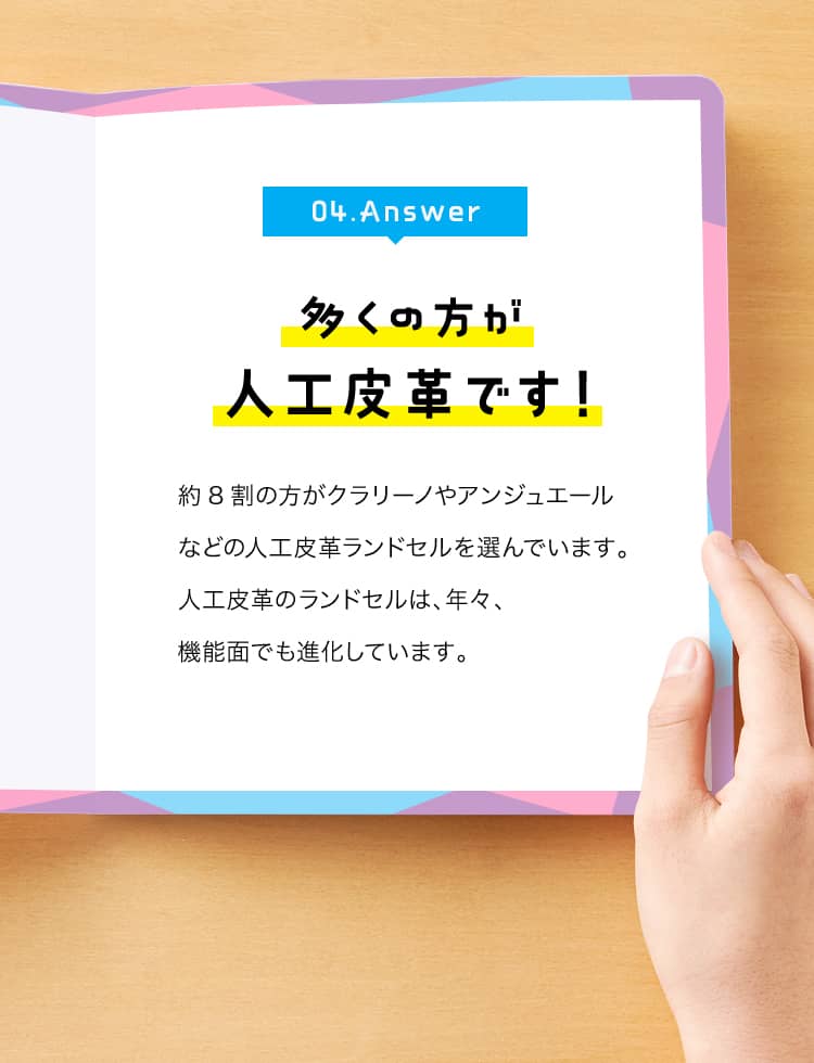 04. Answer　多くの方が人工皮革です！　約8割の方がクラリーノやアンジュエールなどの人工皮革ランドセルを選んでいます。人工皮革のランドセルは、年々、機能面でも進化しています。