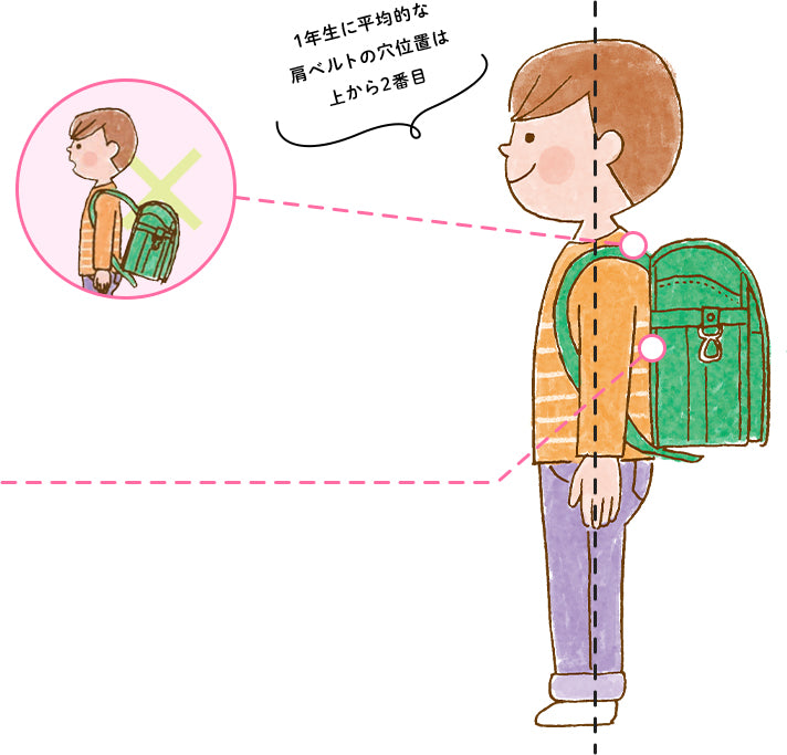1年生に平均的な肩ベルトの穴位置は上から2番目