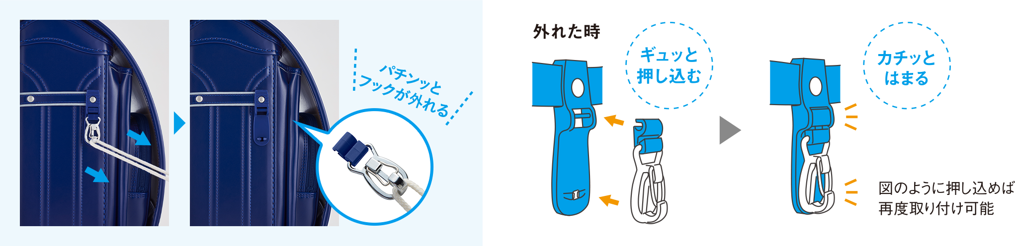 瞬間的に強い力で引っ張られるとフックが外れる設計
